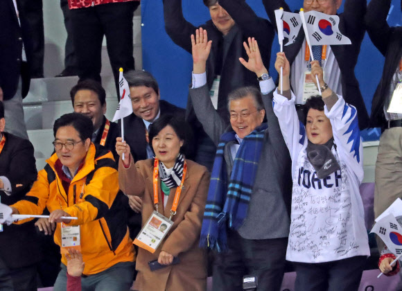 파도타기 응원하는 문재인 대통령