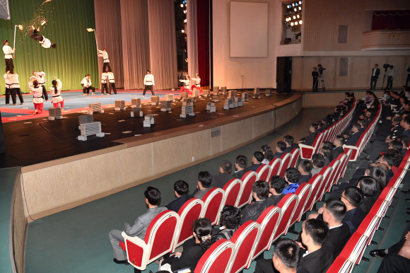 2일 평양대극장에서 남측태권도 시범단의 시범공연이 펼쳐지고 있다 2018.4.2 평양공연 사진공동취재단