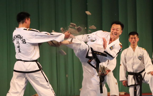 격파 시범 보이는 북측 태권도시범단