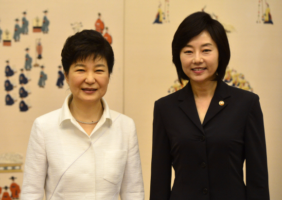 박근혜(왼쪽) 전 대통령과 조윤선 전 정무수석