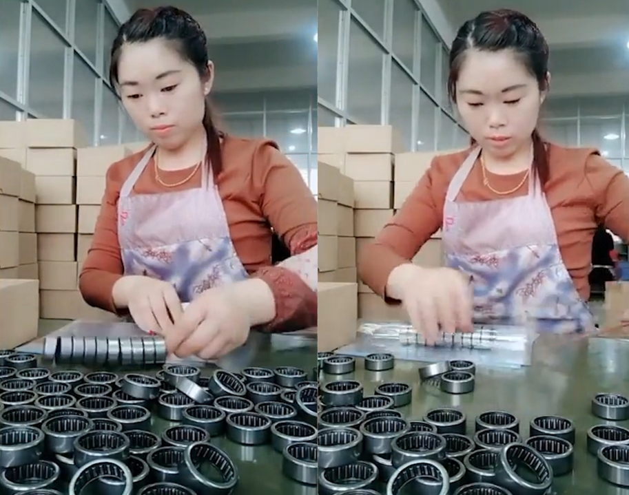 중국 한 여성 노동자가 놀라운 속도로 베어링을 끼우고 포장하는 신기에 가까운 동작 모습(유튜브 영상 캡처)