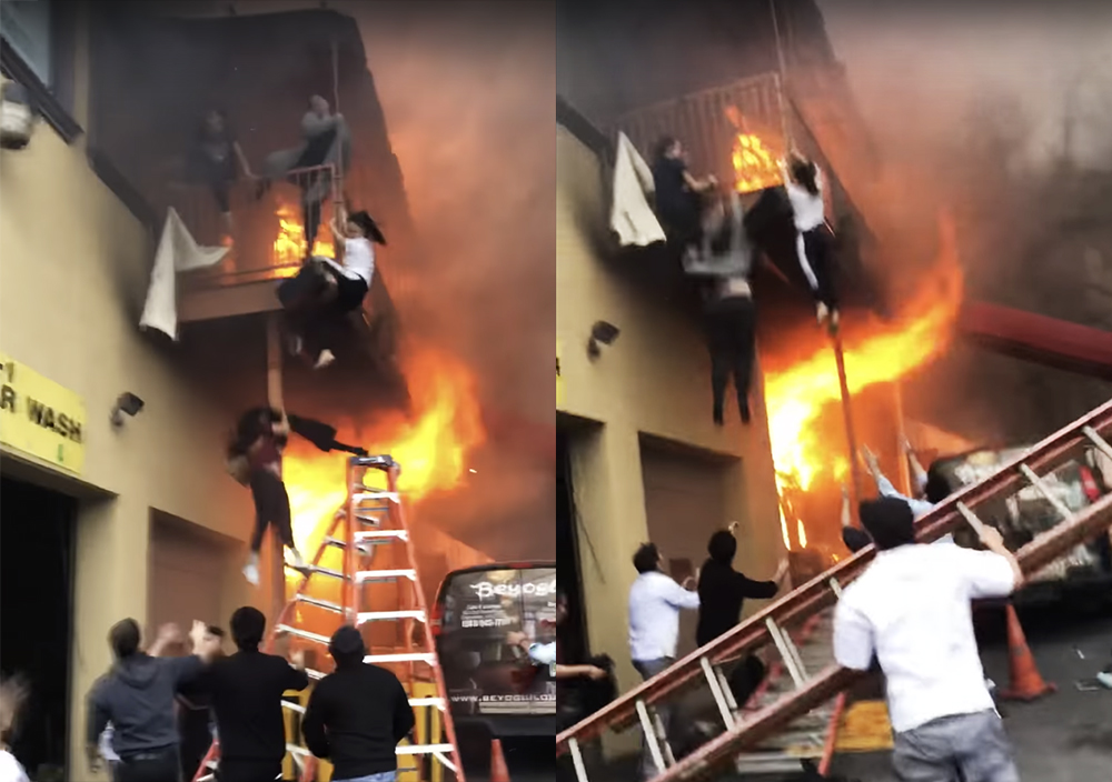 미국 뉴저지주 에지워터의 한 댄스학원에서 발생한 화재를 피해 달아나는 소녀들. Ilker Kesiktas.