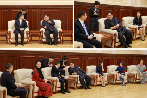 중국 예술단의 발레무용극 ’붉은 여성중대’ 관람을 위해 16일 동평양대극장을 방문한 김정은 북한 노동당 위원장과 부인 리설주가 쑹타오(宋濤) 중국 공산당 대외연락부장 등 중국 예술단 관계자들과 담소를 나눴다고 노동신문이 17일 보도했다.  연합뉴스