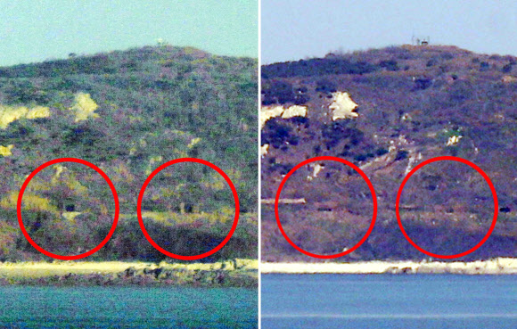 남북정상회담을 이틀 앞둔 25일 오후 인천시 옹진군 연평면 망향전망대에서 바라본 북한 대수압도(오른쪽)의 포진지가 닫혀 있다. 왼쪽 사진은 북측의 4차 핵실험(2016년 1월 6일)에 대응하고자 남측이 대북 확성기 방송을 재개한 지 이틀째인 2016년 1월 9일 북한 대수압도의 포진지가 열려 있는 모습.  연합뉴스