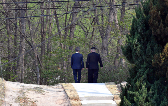 문재인 대통령과 김정은 국무위원장이 27일 판문점에서 공동 식수를 한후 친교 산책을 하고  있다. 2018. 04. 27  안주영 기자 jya@seoul.co.kr