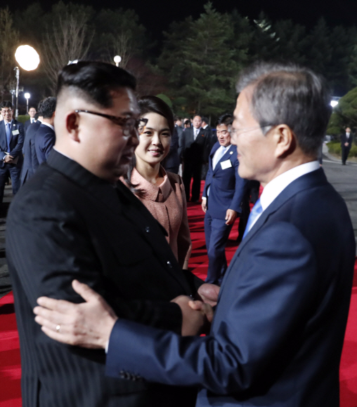 문재인 대통령이 27일 오후 판문점 평화의 집 앞에서 에서 열린 환송 공연이 끝난 뒤 떠나는 김정은 국무위원장을 배웅하고 있다. 2018.4.27