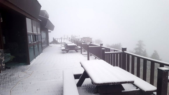 3일 새벽 설악산 고지대 기온이 영하로 떨어지며 소청대피소 일대에 눈이 내렸다. 이날 설악산에 내린 눈은 중청대피소 3cm, 소청대피소 3cm, 희운각 대피소 2cm의 적설량을 보였다. 기온은 오전 6시 현재 중청대피소 영하 2.5도, 소청대피소 영하 1도, 희운각 0도를 각각 기록했다.  설악산사무소 제공=연합뉴스