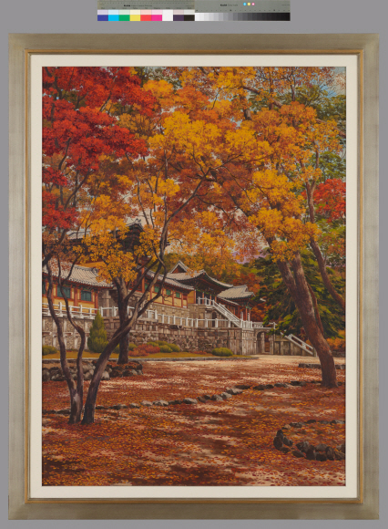 청와대가 소장하고 있는 미술품이 처음으로 국민에게 공개된다. 청와대는 9일부터 7월 29일까지 특별전 ’함께 보다’를 청와대 사랑채에서 개최한다. 이번에 공개되는 작품들은 청와대가 1966년 부터 40년에 걸쳐 수집한 작품중의 일부다. 총 16점이 실물로 전시되며 이동이 어려운 벽화 4점과 소장품 10여점은 영상으로 공개된다. 사진은 박광진의 1978년작 ’불국사의 가을’ 2018.5.3 청와대제공