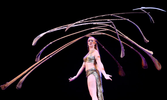 8일(현지시간) 콜롬비아 보고타에서 태양의 서커스 단원들이 ‘아마루나(Amaluna)’ 공연 리허설을 하고 있다.  EPA 연합뉴스