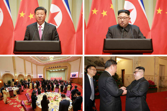 축하연설하는 시진핑, 답례 연설하는 김정은