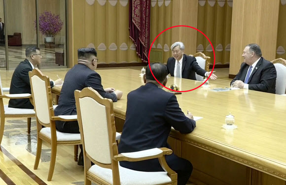 김정은 북한 국무위원장이 지난 9일 방북한 마이크 폼페이오 미국 국무장관과 만나 북·미 정상회담에 대해 협의하는 자리에 앤드루 김(원 안)으로 추정되는 인물이 배석했다.  노동신문