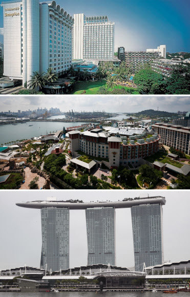 김정은 북한 국무위원장과 도널드 트럼프 미국 대통령의 역사적인 북미정상회담 장소가 싱가포르로 확정된 가운데 회담 테이블은 어느 곳에 놓일 것인가에 관심이 쏠린다. 싱가포르 일간 더 스트레이츠타임스는 샹그릴라 호텔(위), 리조트월드 센토사(가운데), 마리나베이샌즈호텔(아래) 등을 후보군에 올렸다.  연합뉴스