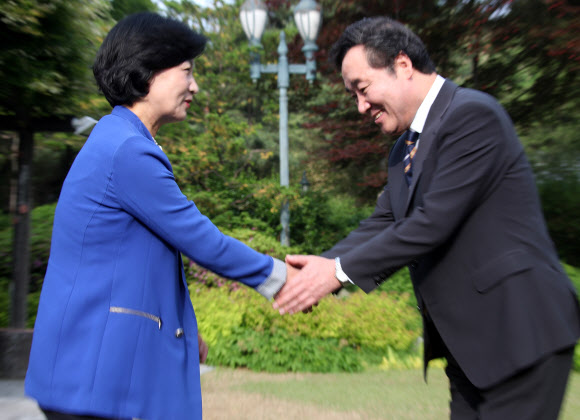 이낙연 국무총리와 추미애 더불어민주당 대표가 15일 오전 서울 종로구 삼청동 총리공관에서 열린 고위당정협의회에서 인사하고 있다.    연합뉴스