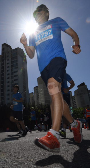19일 서울 월드컵경기장 인근에서 열린 서울신문 하프마라톤 대회에 참석한 마라토너들이 코스를 달리고 있다. 2018.5.19 박지환기자 popocar@seoul.co.kr