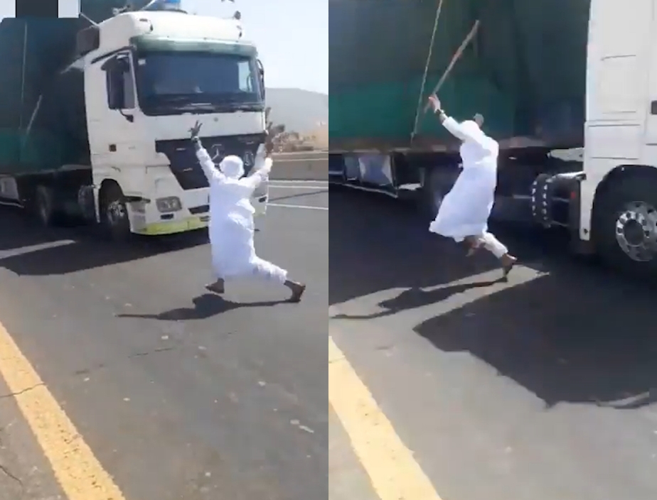 쏜살같이 달려오는 트럭을 아슬아슬하게 피하는 남성 모습(유튜브 영상 캡처)