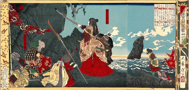 신공왕후 삼한정벌도(1880년 제작). 일본은 정한론 차원에서 신공왕후가 삼한을 정벌했다는 주장을 사실이라고 우기기 시작했다.
