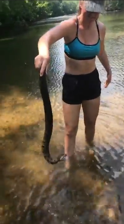 미국 아칸소(Arkansas)주 벤턴(Benton) 지역 설린(Saline)강에서 다이아몬드백(Diamondback) 물뱀 한마리를 잡고 있는 여성 모습(유튜브 영상 캡처)