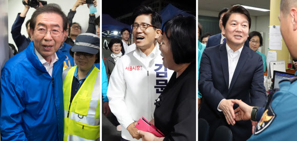 6·13 지방선거 공식 선거운동 개시일인 31일 새벽 서울특별시장 후보들이 선거운동을 하고 있다. 왼쪽부터 답십리역 역사 내 청소 노동자들 휴게소를 찾은 더불어민주당 박원순 서울시장 후보, 동대문 신평화시장을 찾은 자유한국당 김문수 서울시장 후보, 영등포 경찰서 중앙지구대를 찾은 바른미래당 안철수 서울시장 후보. 2018.5.31  연합뉴스