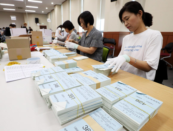 4일 오전 경기도 수원시 영통구 경기도선거관리위원회에서 관계자들이 6·13 지방선거 투표용지 검수작업을 하고 있다. 2018.6.4  연합뉴스