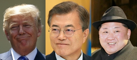 (왼쪽부터)도널드 트럼프 미국 대통령-문재인 대통령-김정은 북한 국무위원장. 연합뉴스