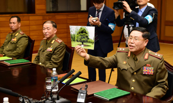 노무현 전 대통령이 심은 소나무 사진 보여주는 북