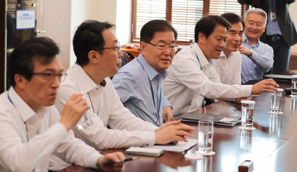 15일 오전 청와대 여민관에서 임종석 비서실장 주재로 남북정상회담이행추진위 회의가 열렸다. 2018. 6. 15 안주영 기자 jya@seoul.co.kr