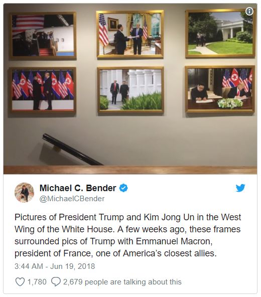 미국 백악관에 내걸린 김정은 북한 국무위원장과 북미 정상회담 사진. 트위터 캡쳐