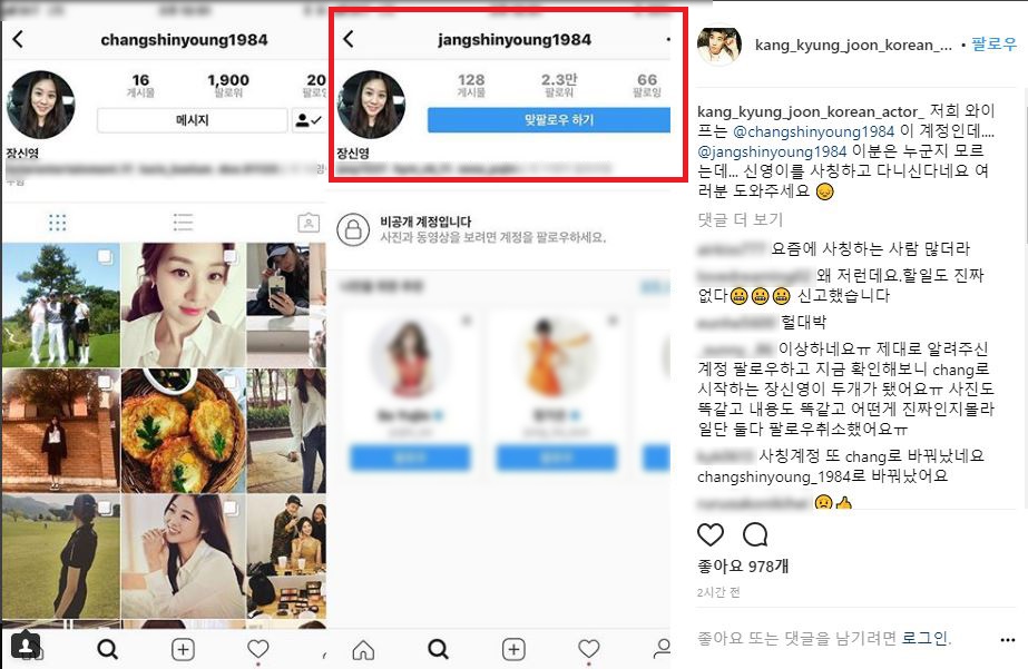 (왼쪽) 장신영 인스타그램 계정 (오른쪽) 장신영 인스타그램 사칭 계정<br>