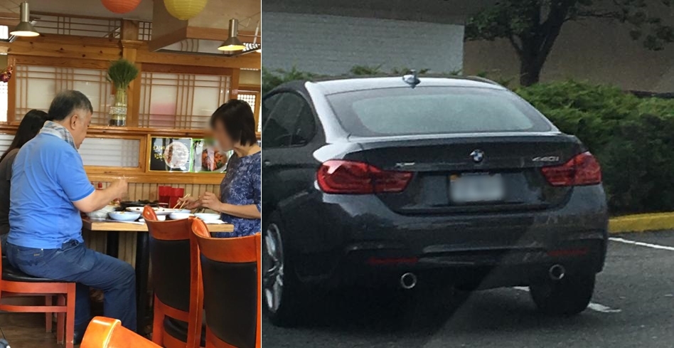 미국 버지니아주 한 중국음식점에서 포착된 이인규 전 중수부장. 오른쪽은 그가 타고 온 차량. 2018.6.21  미씨USA