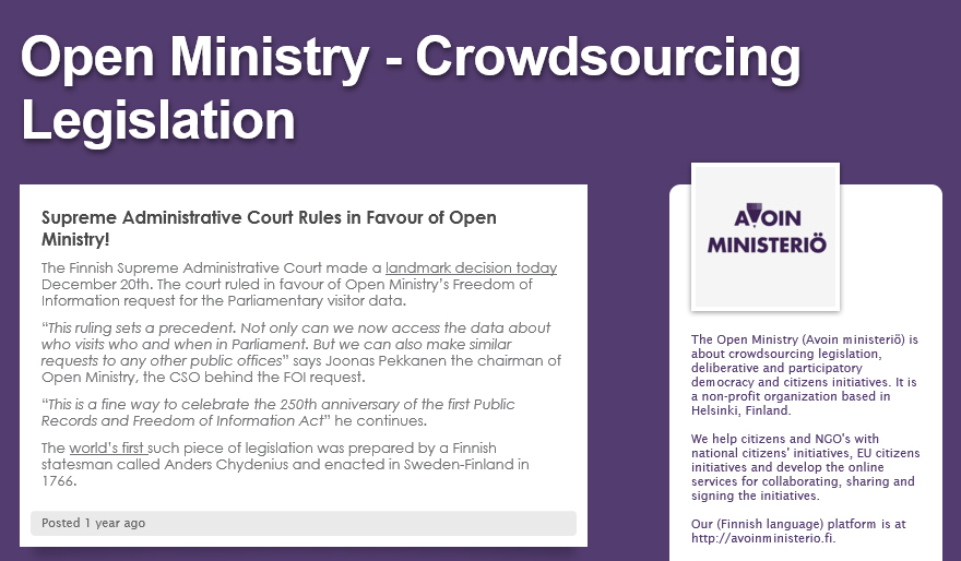 핀란드 시민이 손쉽게 의회에 법안을 제출할 수 있도록 돕는 온라인 플랫폼 ‘오픈 미니스트리’(Open Ministry). 오픈 미니스트리 홈페이지 캡처