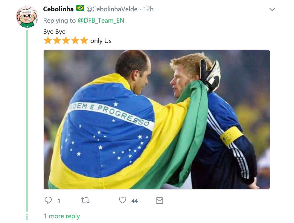 독일 축구대표팀 트위터에 브라질 팬이 남긴 야유성 댓글. “잘 가라. 월드컵 5회 우승은 우리 뿐이다”라는 내용이다. 2018.6.28  트위터 캡처