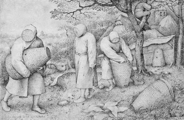 피터르 브뤼헐의 ‘벌 치는 사람들’. 중세시대 금기시했던 분봉을 묘사한 그림이다. 양봉가들이 신자들의 영혼을 감별하는 종교재판관처럼 그려졌다.  미래의창 제공