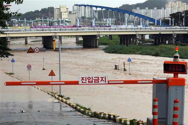 2일 오전 충북 청주시 무심천 하상도로가 전날부터 내린 비로 잠겨있다. 전날부터 이날 오전 8시까지 청주에160㎜의 비가 내렸다. 2018.7.2 뉴스1