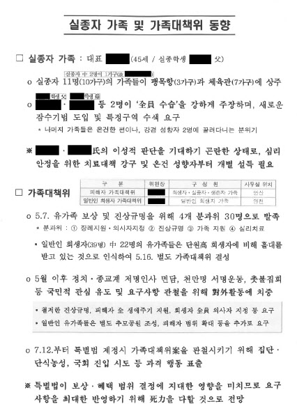 국방부 사이버 댓글사건 조사TF(이하 댓글조사TF)가 2일 “기무사가 온라인상의 여론조작을 넘어 세월호 사건에도 조직적으로 관여한 문건 등을 발견했다”고 전했다.  조사에 따르면 기무사는 세월호 사고 발생 13일째인 2014년 4월 28일 현장 상황 파악을 위해 관련 TF를 구성하고, 사고 발생 28일째인 5월 13일 기무사 참모장을 TF장으로 하는 ‘세월호 관련 TF’로 확대했다. 같은 해 10월 12일까지 이 TF를 운영했다. 기무사의 이 TF에서는 ‘세월호 180일간의 기록’(2014.4.16~10.12)이라는 문건도 만들었다.       이들은 세월호 탐색구조 및 선체인양 등 군 구조작전 관련 동정 보고 문건을 비롯해 ‘실종자 가족 및 가족대책위 동향(사진)’, ‘세월호 실종자 가족 대상 탐색구조 종결 설득 방안’, ‘유가족 요구사항 무분별 수용 분위기 근절’, ‘국회 동정’ 등의 문건을 생산한 것으로 파악됐다. 2018.7.2  국방부 제공=연합뉴스