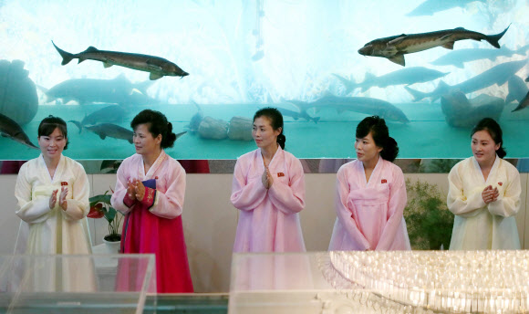 3일 오후 평양 옥류관에서 열린 남북통일농구경기 환영만찬에서 북측 접대원들이 남측 선수단을 박수로 맞이하고 있다. 2018.7.3 사진공동취재단