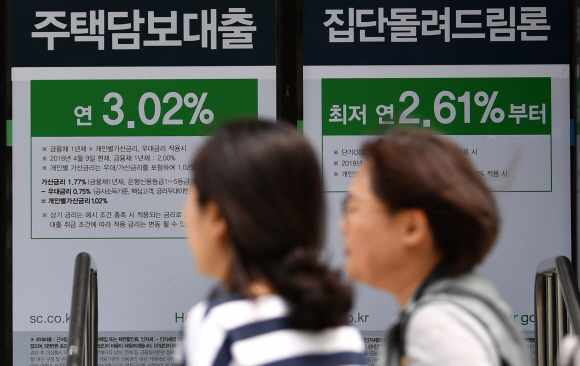 서울의 한 은행 앞에 걸린 대출안내 광고판 앞으로 시민들이 지나가고 있다. 서울신문 DB