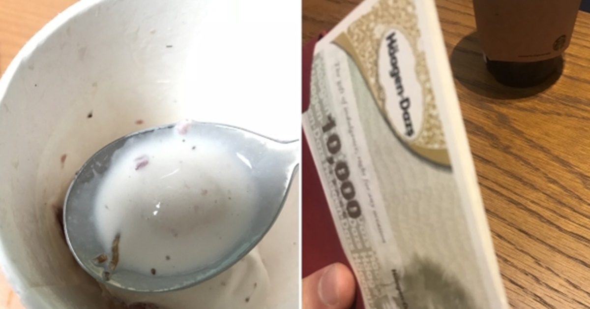 하겐다즈 스트로베리 아이스크림 속 애벌레(왼쪽)와 소비자에게 한국하겐다즈가 제시한 상품권