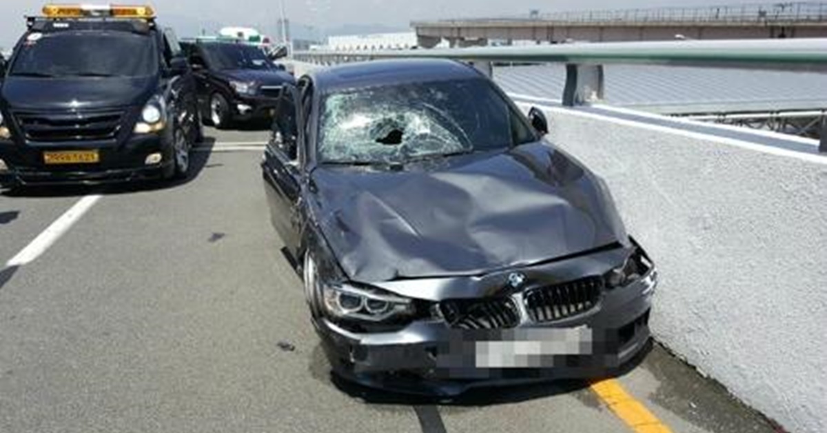 지난 10일 낮 12시 50분쯤 김해공항 2층 국제선 청사 앞 진입로에서 택시를 정차한 뒤 승객의 짐을 내려주던 택시기사 김모(48)씨가 빠른 속도로 달려오던 BMW 승용차에 치어 현재 의식 불명 상태에 빠졌다. 사진은 사고를 일으킨 BMW 승용차가 파손된 모습. 부산경찰청 제공