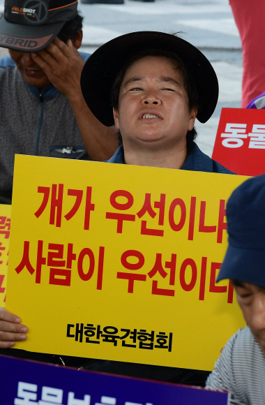 15일 오후 서울 동화면세점 앞에서 대한육견협회 관계자들이 생존권 보장 등을 촉구하며 집회를 하고 있다.  2018.7.15.    이종원 선임기자 jongwon@seoul.co.kr