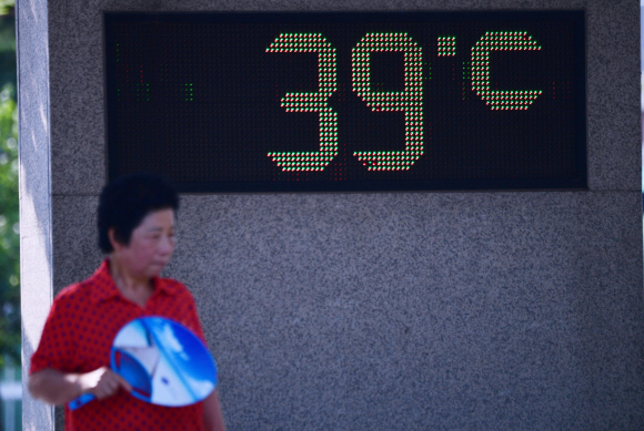 폭염의 날씨가 계속되고 있는 가운데 22일 서울 성동구의 한 공원에 설치된 온도계에 39도의 온도가 표시되고 있다. 2018. 7. 22 정연호기자 tpgod@seoul.co.kr