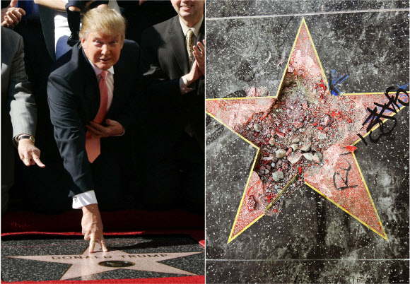 25일(현지시간) 미국 캘리포니아주 로스앤젤레스의 할리우드 워크 오브 페임 거리 바닥에 새겨진 트럼프의 별이 파손돼 있다. 왼쪽 사진은 트럼프가 2007년 1월 16일 트럼프 별 설치 기념식에서 밝은 표정으로 포즈를 취하고 있는 모습.  AP 연합뉴스