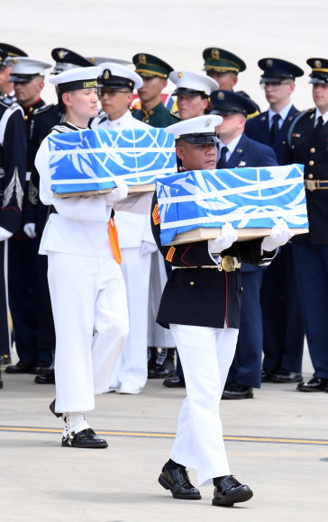 정전협정 체결 65주년을 맞은 27일 한국전쟁 중 북측에서 사망한 미군의 유해가 북한 원산 갈마비행장에서 경기도 평택 오산공군기지로 송환되고 있다. 앞서 미국과 북한은 15일 판문점에서 열린 군 장성급회담에서 미군 유해를 넘겨주는 데 합의했다. 2018.07.27  사진공동취재단