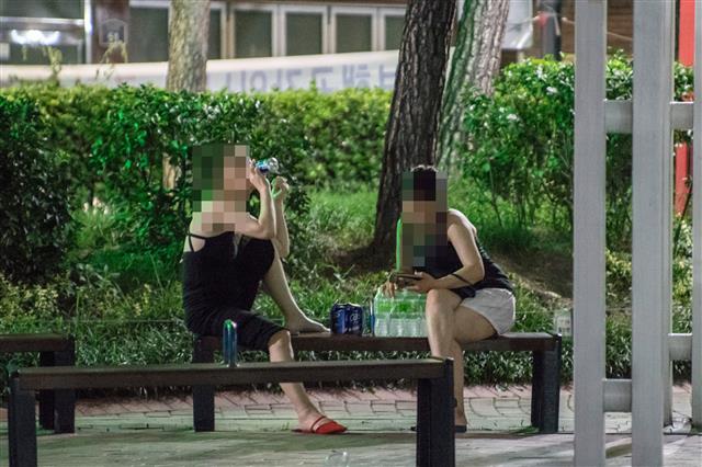 지난 29일 저녁 서울 중구 한 어린이공원에 주민들이 모여 캔맥주를 마시고 있다. 류재민 기자 phoem@seoul.co.kr
