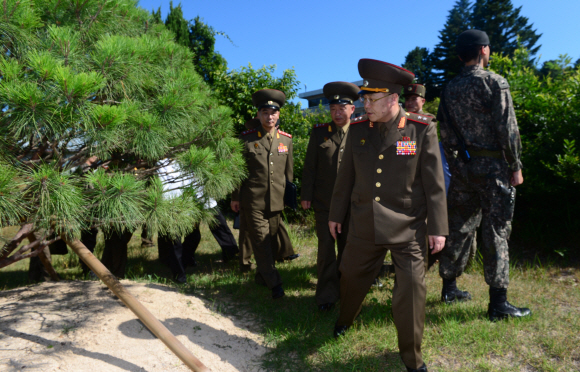 제9차 남북장성급군사회담 북측 수석대표인 안익산 육군 중장이 31일 오전 판문점 남측지역에서 지난 남북정상 회담 때 기념 식수한 소나무를 살펴보고 있다. 2018. 7. 31. 사진공동취재단