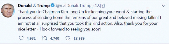 도널드 트럼프 미국 대통령이 2일 트위터에 김정은 북한 국무위원장에게 6·25전쟁 참전 미군의 유해 송환에 대한 고마움을 전했다.  트위터 캡처