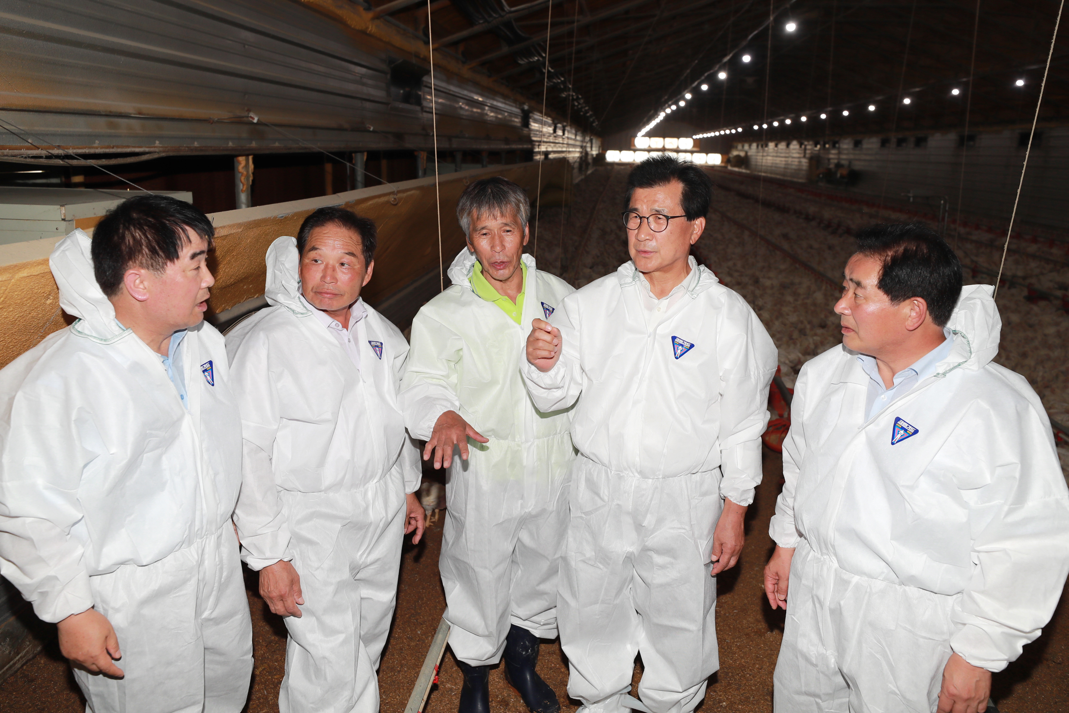 이시종 충북지사(오른쪽에서 두번째)가 폭염피해가 커지자 충북 진천의 한 농장을 방문해 시설을 둘러보고 있다. 