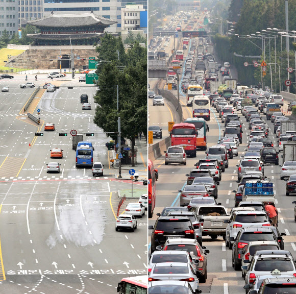 본격적인 여름 휴가철을 맞아 대부분의 시민이 서울을 떠나며 4일 서울 남대문 인근 도심이 차량이 붐비지 않는 한산한 모습을 보이고 있다. 오른쪽은 지난 3일 서울 경부고속도로 잠원IC 구간 하행선에서 휴가철 주말을 앞두고 도심을 떠나는 차량 행렬. 2018.8.4  연합뉴스