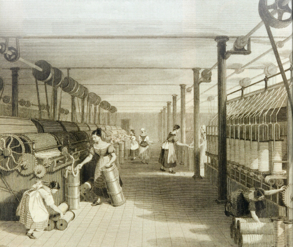 1830년대 영국의 면 방적 공장 그림. 산업혁명 당시 면방직업은 아동 노동 착취로 악명 높던 분야였다. 뉴 래나크 트러스트 제공