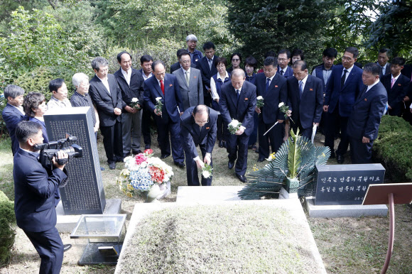 문익환 목사 묘 참배하는 북한 조선직총 대표단