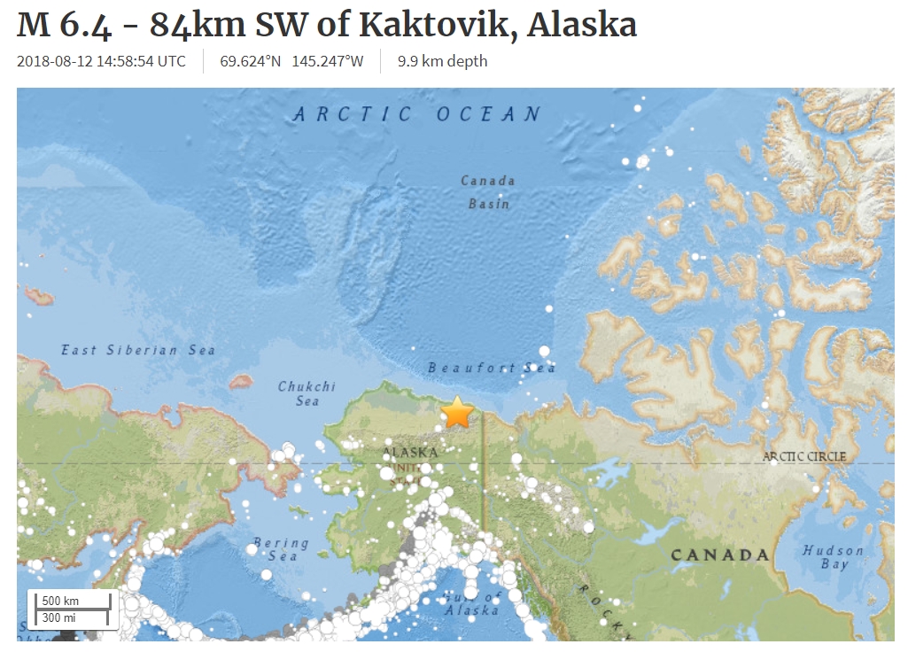 12일(현지시간) 오전 6시 58분쯤 미국 알래스카 주 북부 노스슬로프에서 규모 6.4의 강진이 발생했다. 2018.8.13  미국 지질조사국(USGS)